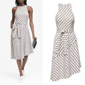 NEW Banana Republic Tweed Stripe Asymmetrical Hem Midi Dress Tie Belt Size 2P